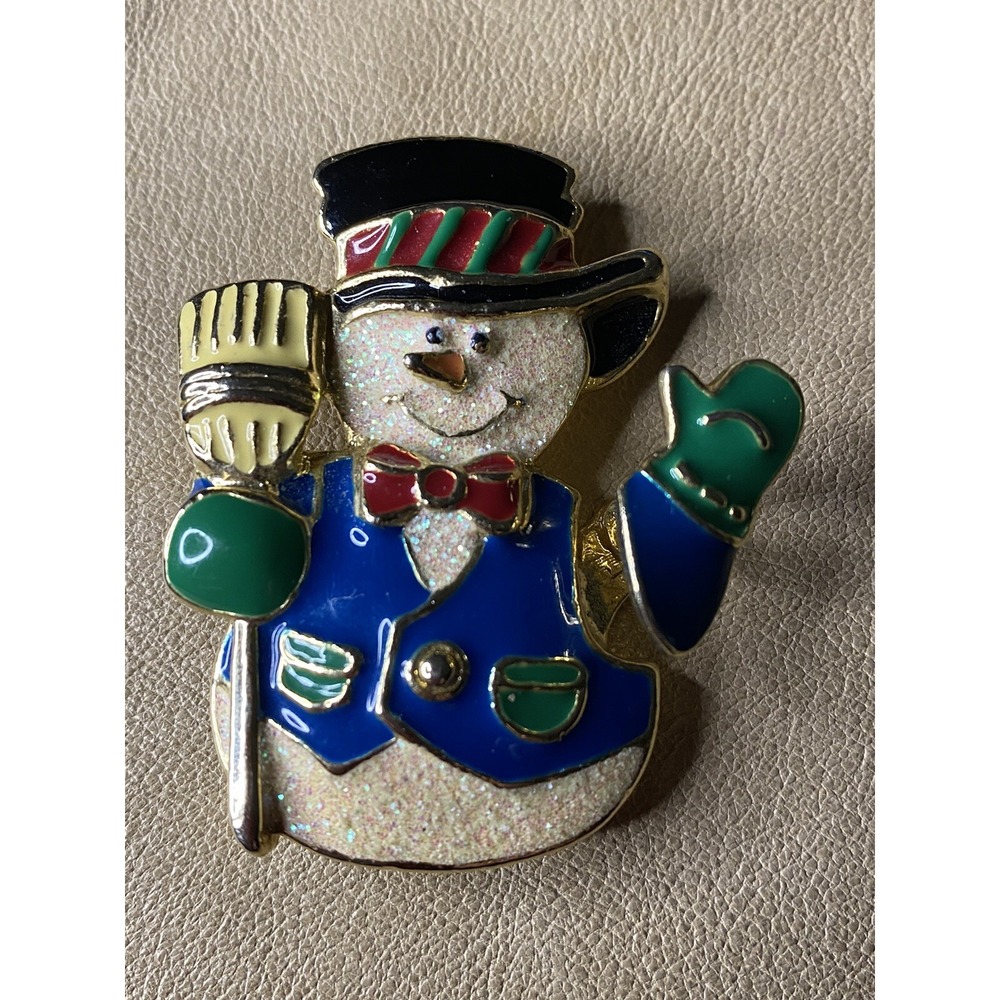 VNTG Snowman Trembler Hand Brooch Multi Color Enamel Glitter Christmas Sign SFJ